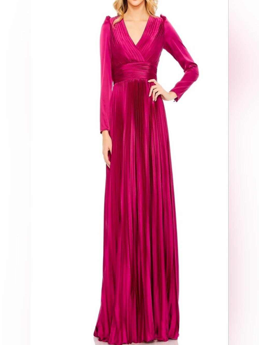 NWT MAC DUGGAL 26542 Elegant Fuchsia Pleated Maxi Dress - V-Neck Long Sleeve 2